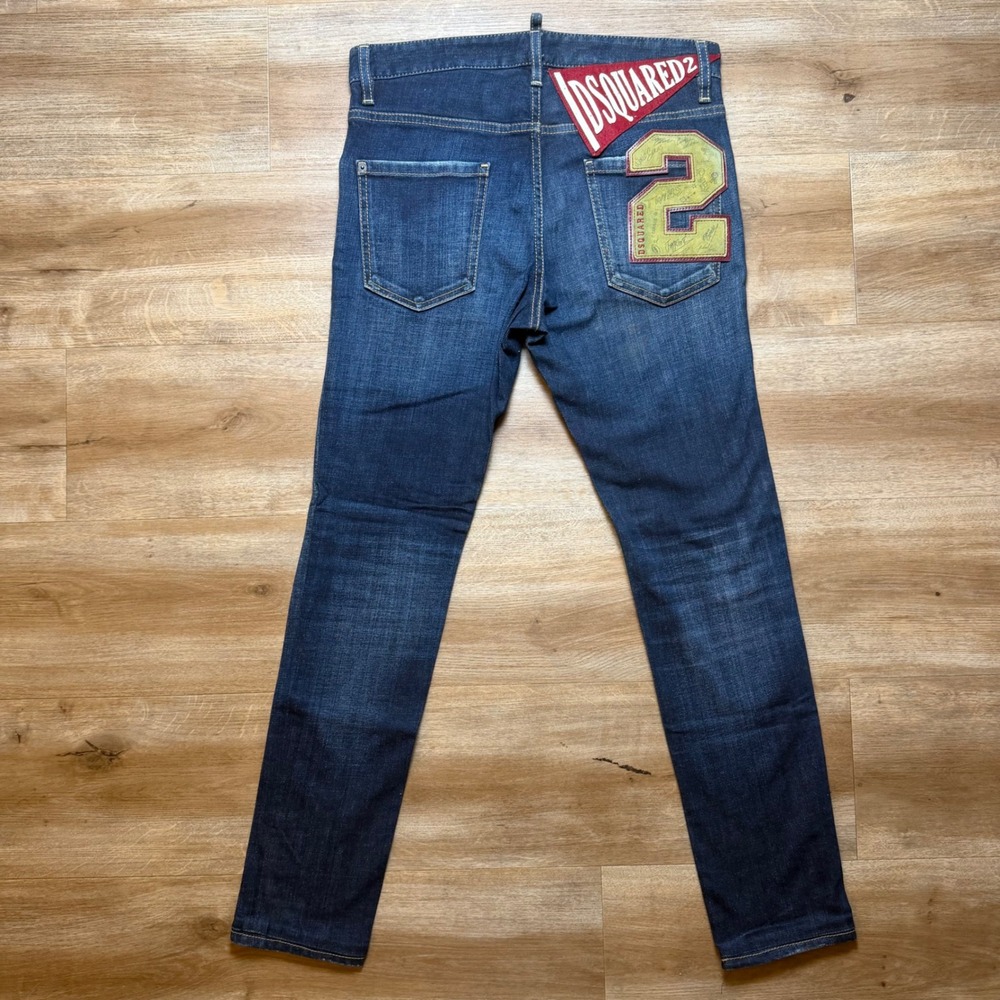Dsquared2 Cool Guy Jeans Mens 44 Blue Distressed Splatter Varsity Patch Denim